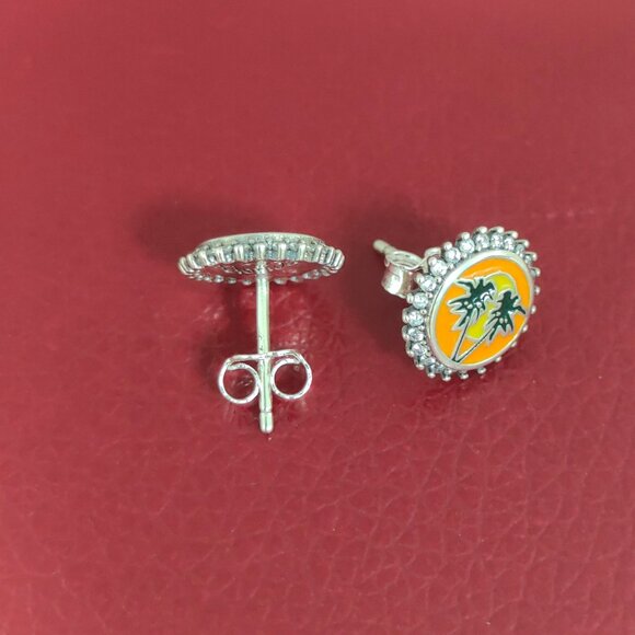 Florida Palm Trees Travel Vacation Stud Earring Round Earring S925 Silver - Picture 4 of 5